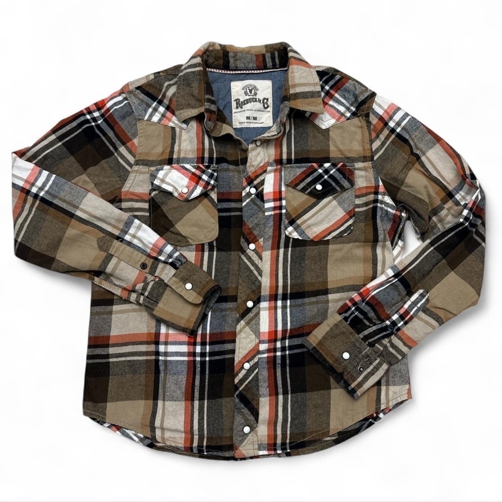 Vintage Roebuck & Co Mens Orange Plaid Shirt Size M Snap Button Western Cowboy